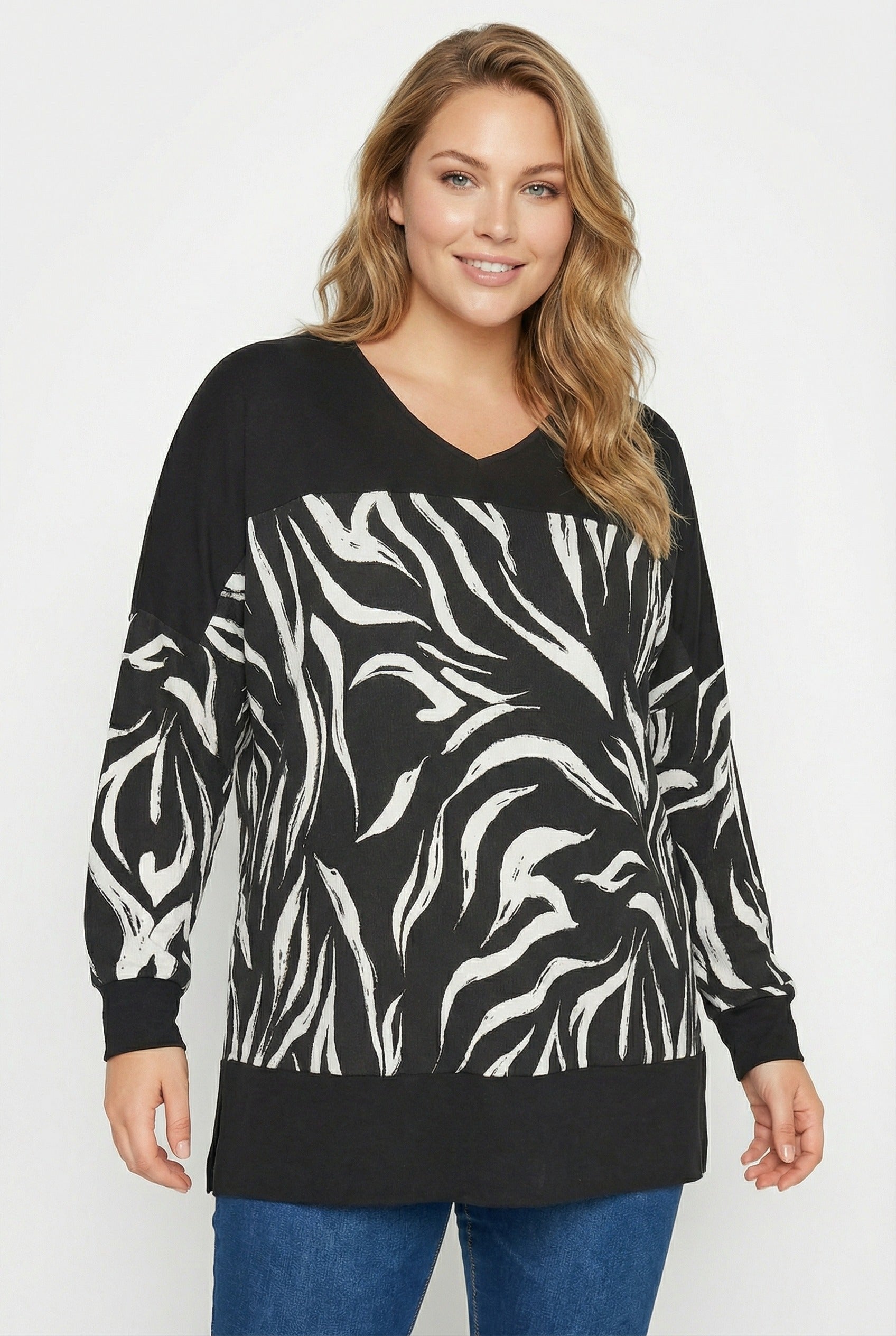 Siyah Zebra Desenli Büyük Beden Bluz | Esnek Tunik