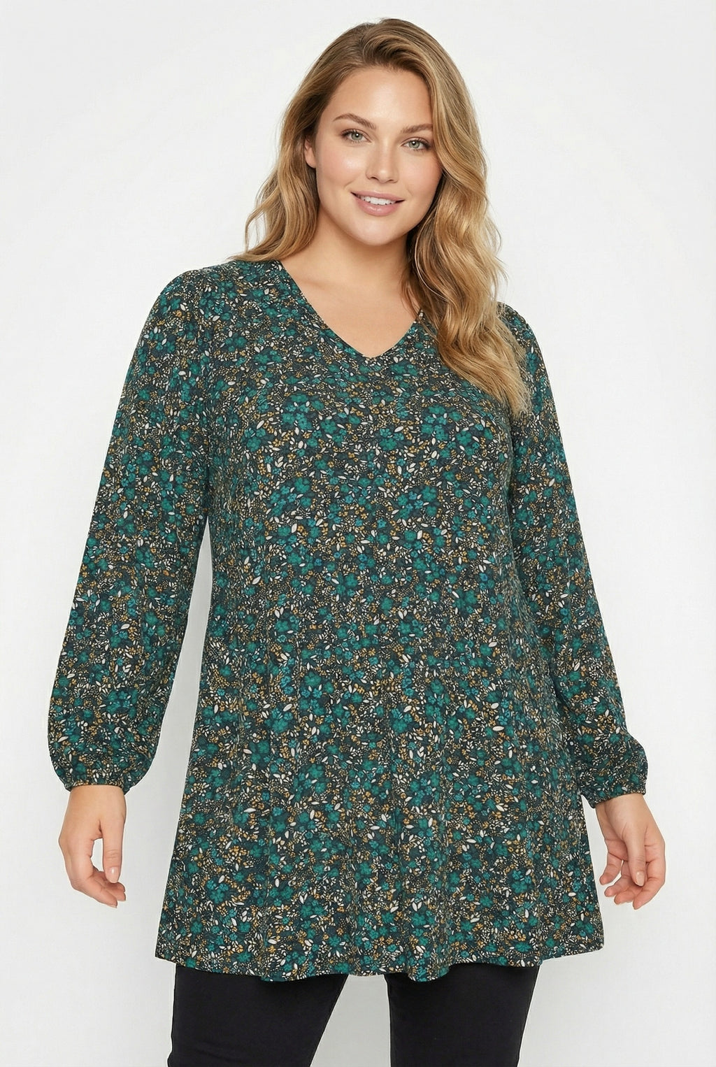 Uzun Kollu Çiçek Desenli Turkuaz T-shirt Kadınlar İçin