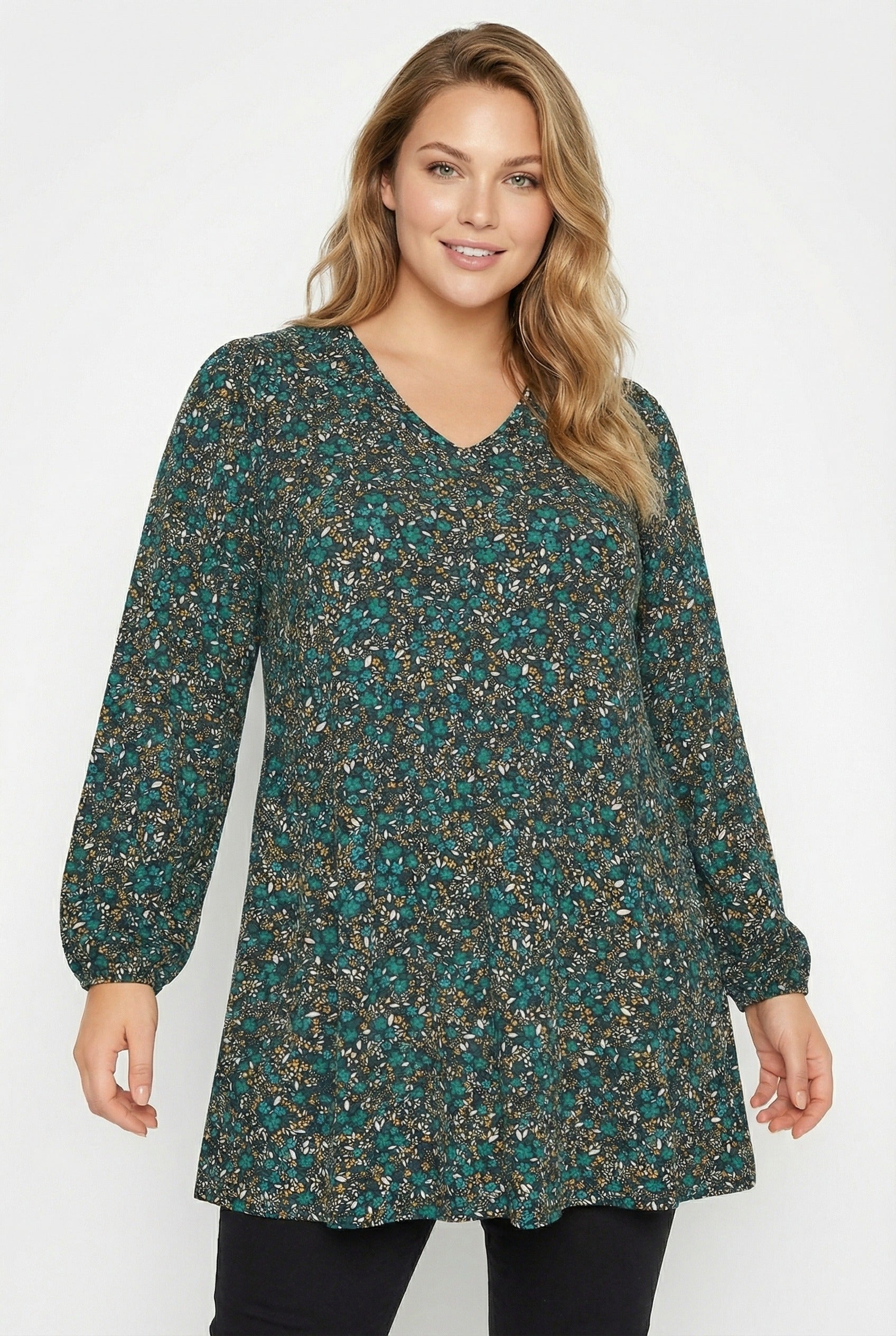 Uzun Kollu Çiçek Desenli Turkuaz T-shirt Kadınlar İçin