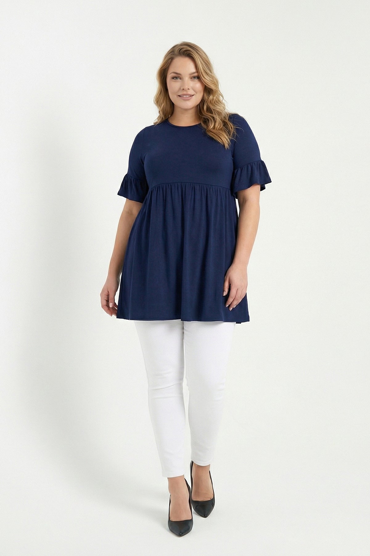 Lacivert Kol Detaylı Beli Lastikli Pileli Tunik T-shirt