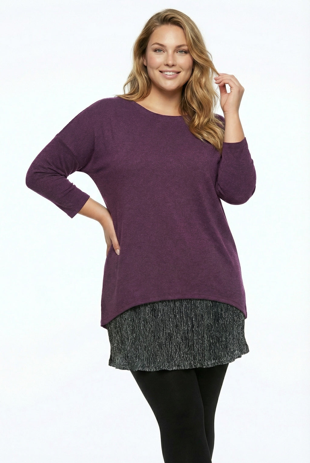 Mor Tül Detaylı Büyük Beden Uzun Kollu Bluz | Zarif Kesim