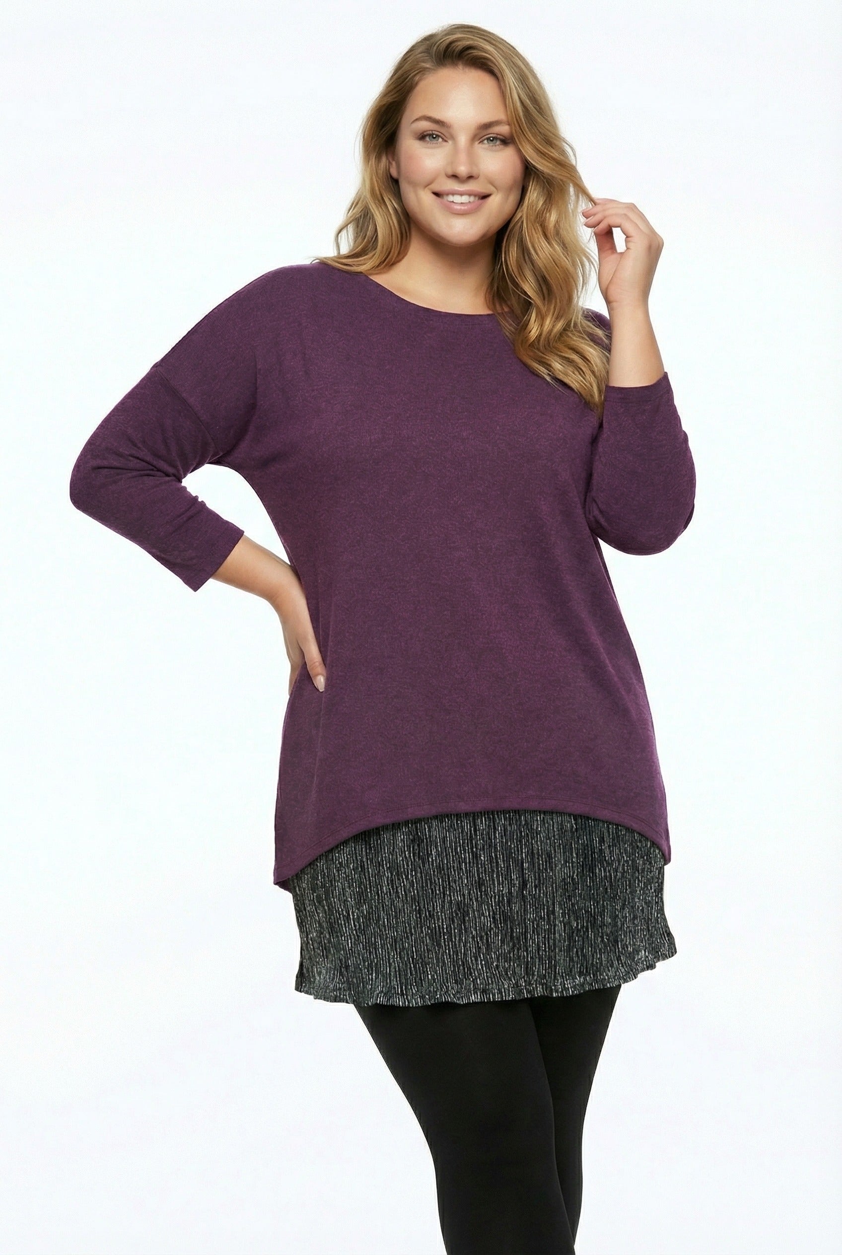 Mor Tül Detaylı Büyük Beden Uzun Kollu Bluz | Zarif Kesim