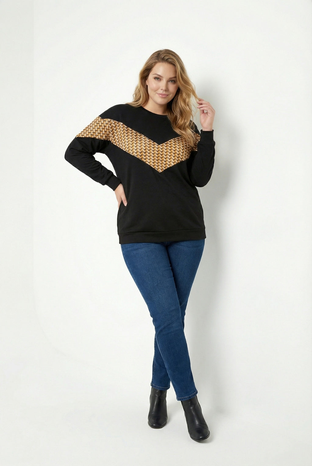 Desenli Uzun Kollu Siyah Sweatshirt - Rahat ve Şık Tasarım