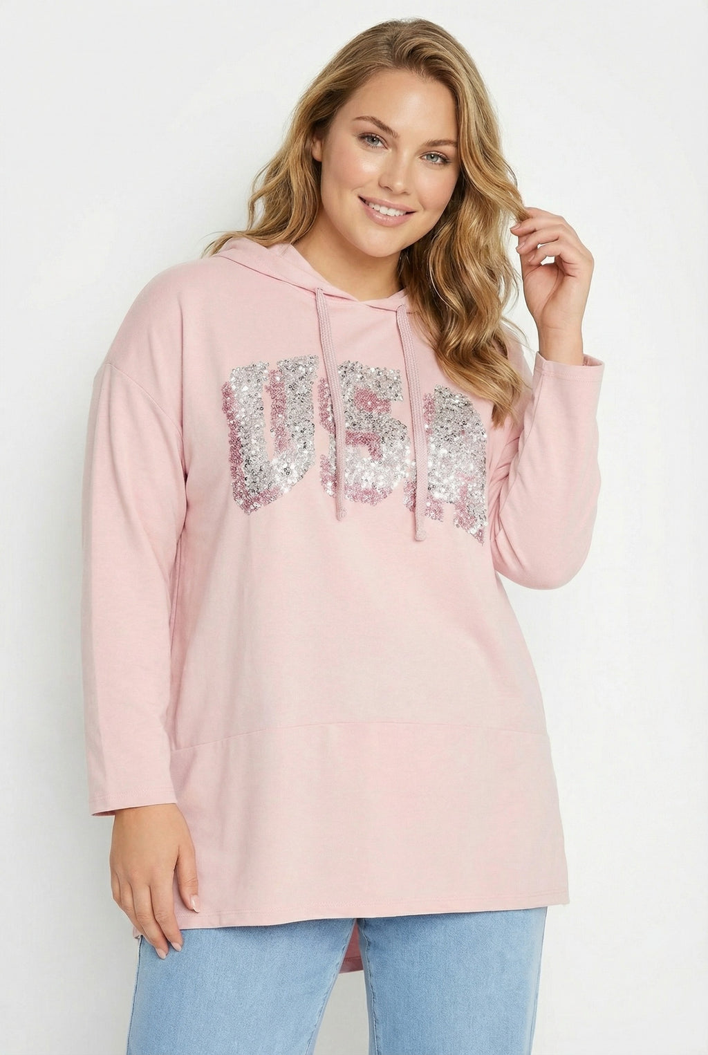 Kapüşonlu Payet Detaylı Pembe Uzun Kollu Sweatshirt