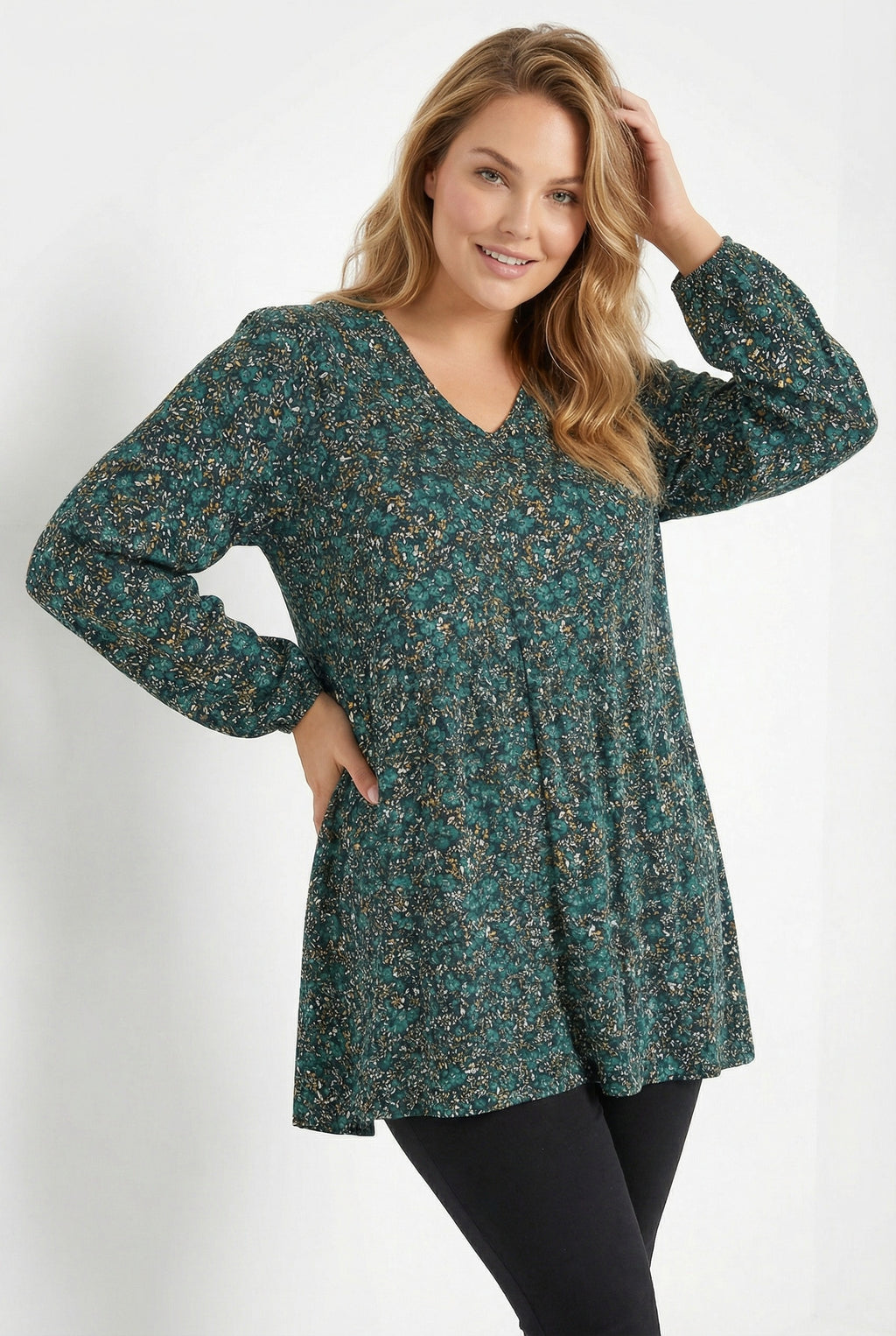 Uzun Kollu Çiçek Desenli Turkuaz T-shirt Kadınlar İçin