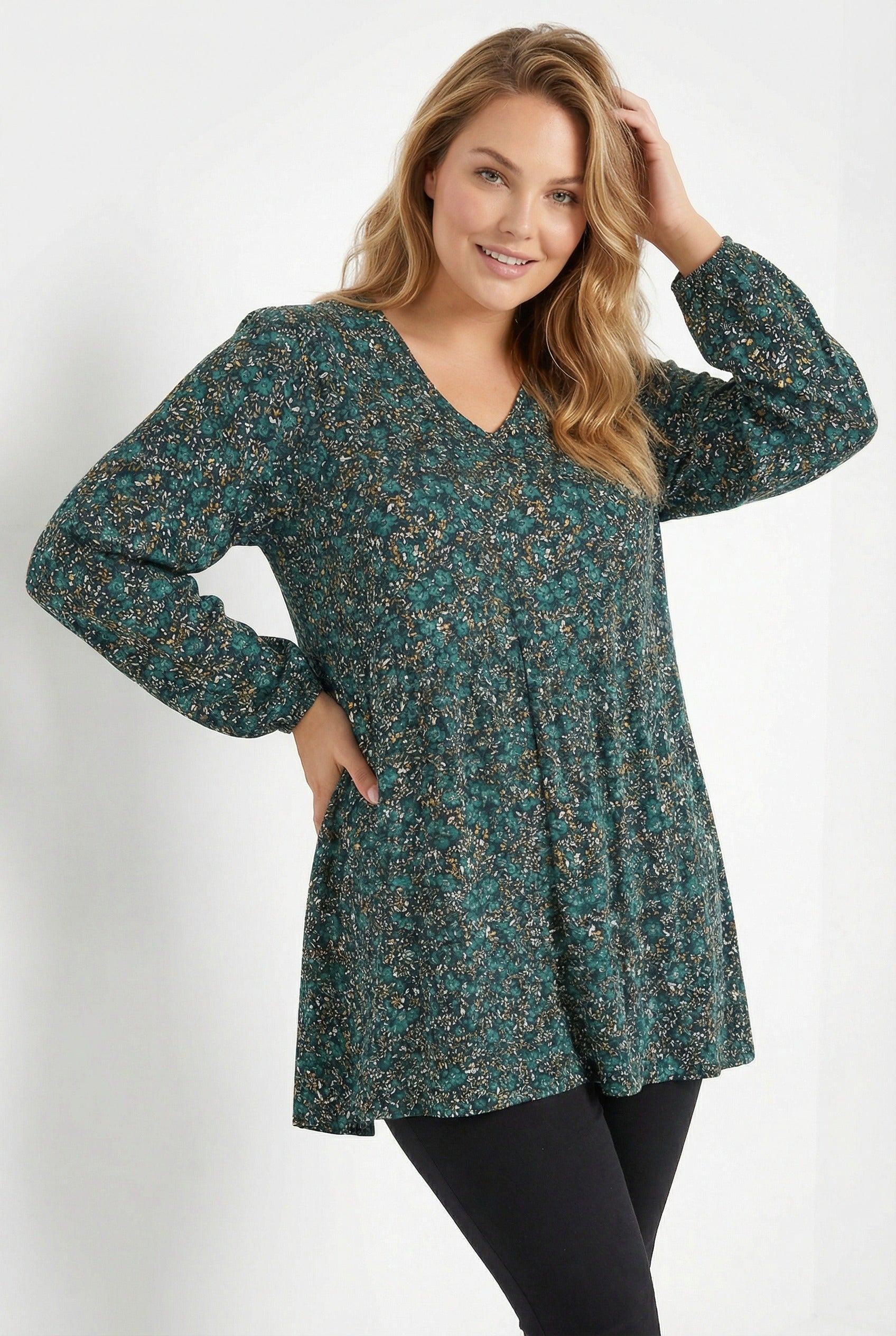 Uzun Kollu Çiçek Desenli Turkuaz T-shirt Kadınlar İçin