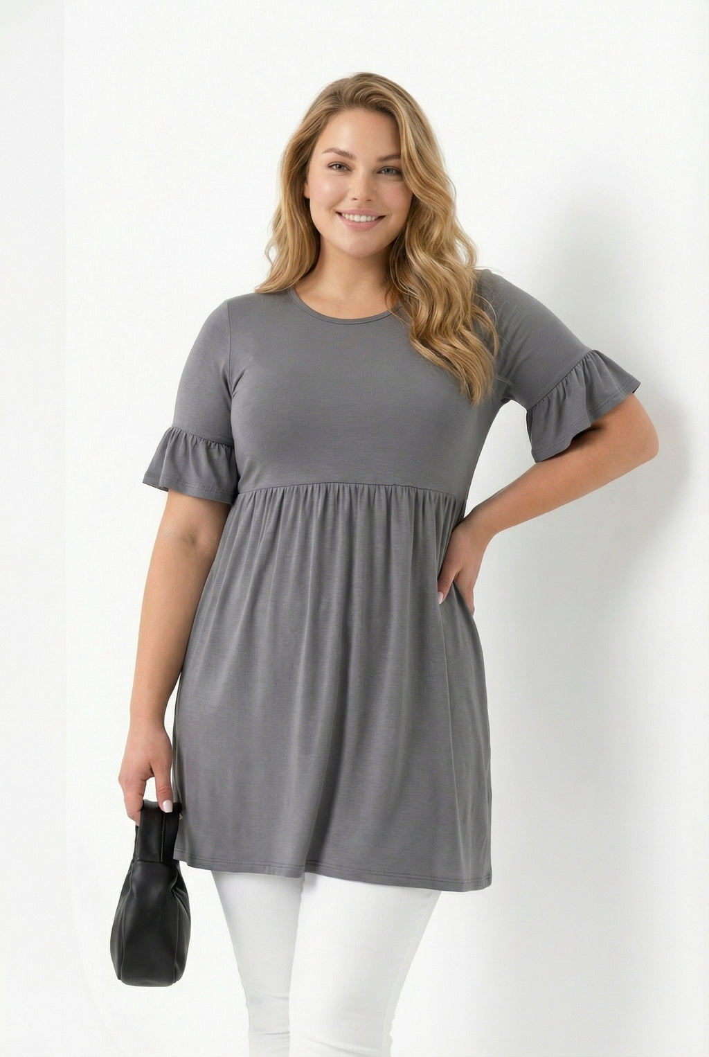 Kol Detaylı Beli Lastikli Pileli Tunik T-shirt Koyu Gri
