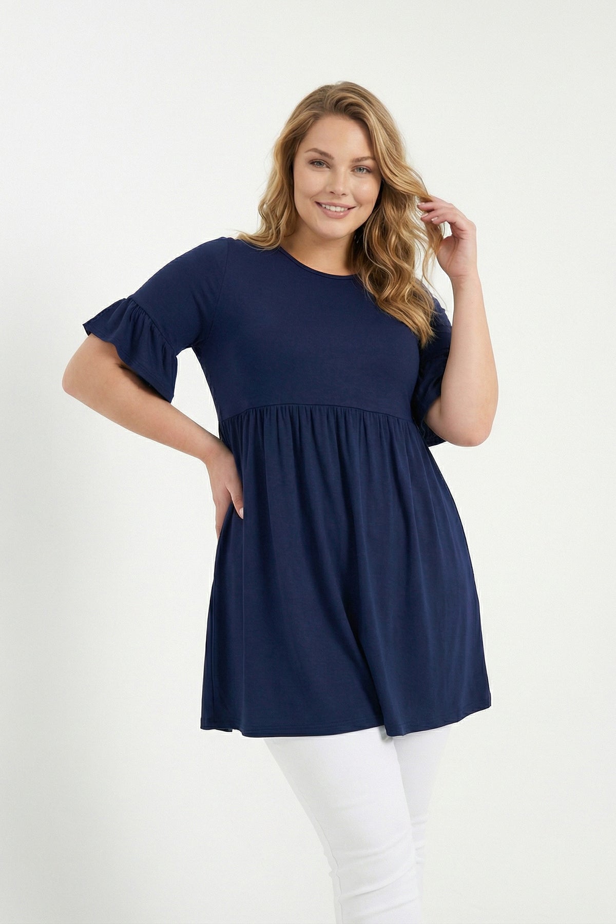 Lacivert Kol Detaylı Beli Lastikli Pileli Tunik T-shirt