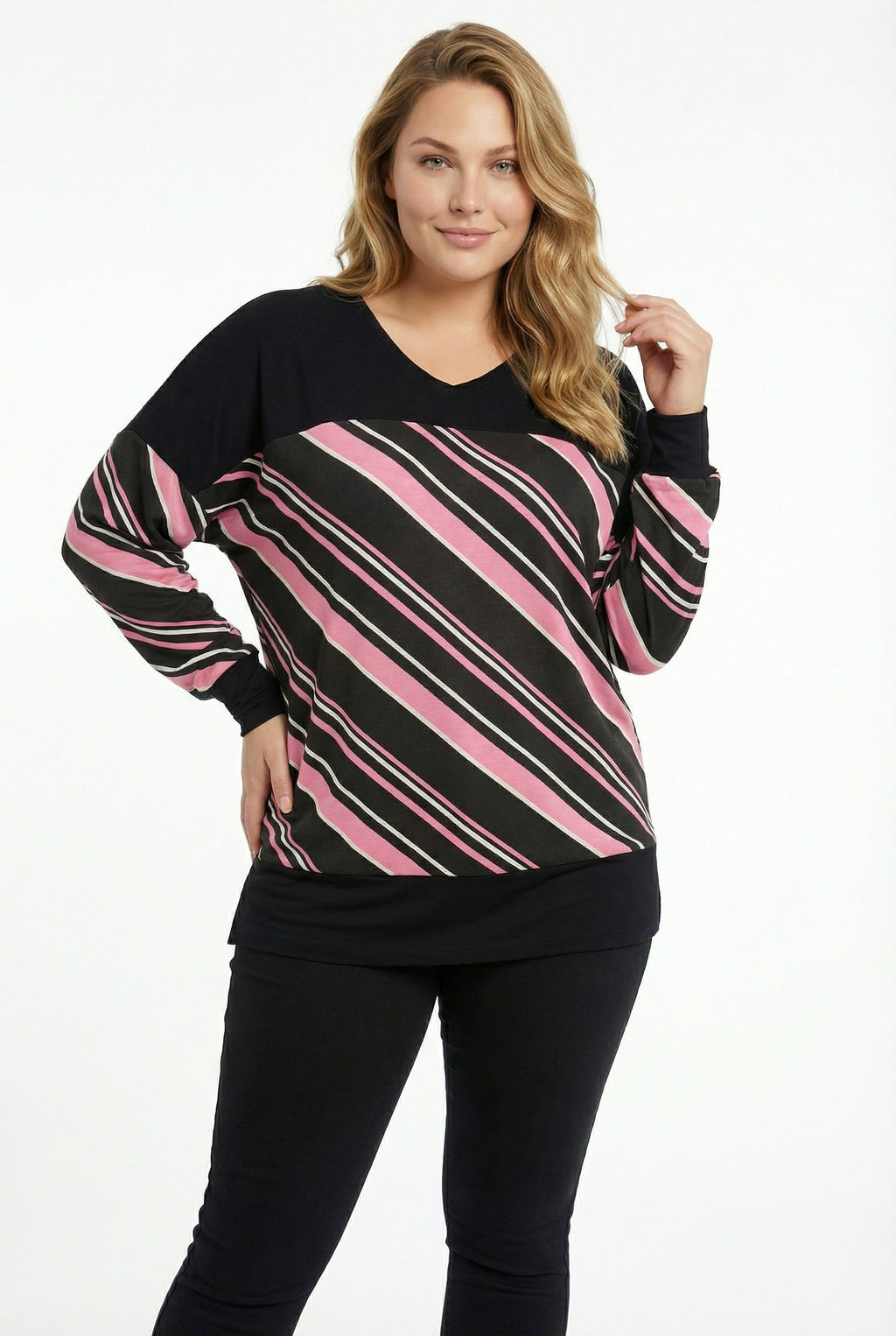 Siyah Çizgili V Yaka Büyük Beden Bluz | Lastikli Kol