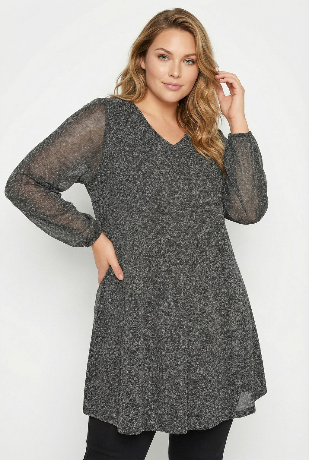 V Yaka Uzun Kollu Tül Detaylı Esnek Kumaşlı Bluz - Koyu Gri