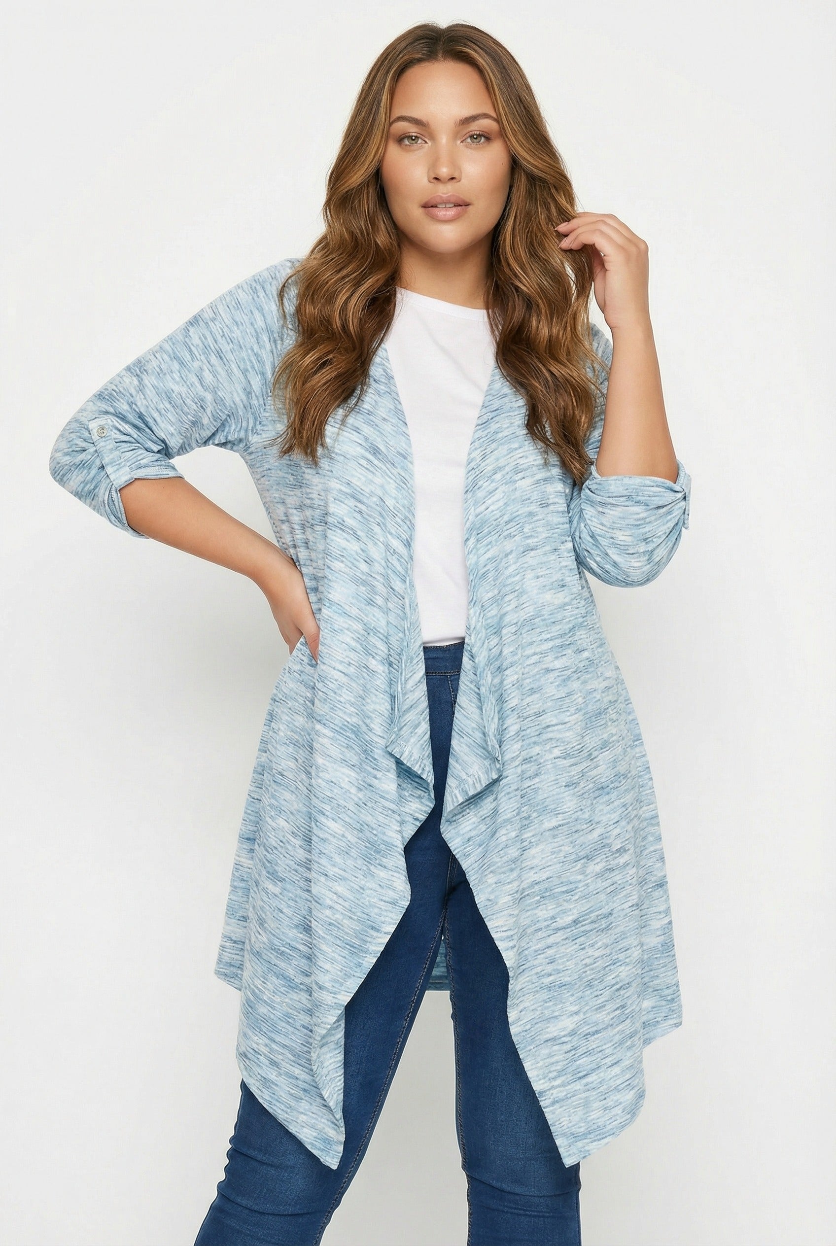 Asimetrik Kesim Uzun Kollu İnce Hırka - Açık Mavi Kadın Hırkası