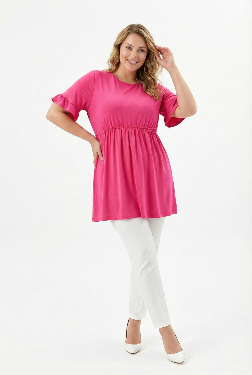 Fusya Kol Detaylı Beli Lastikli Pileli Tunik T-shirt