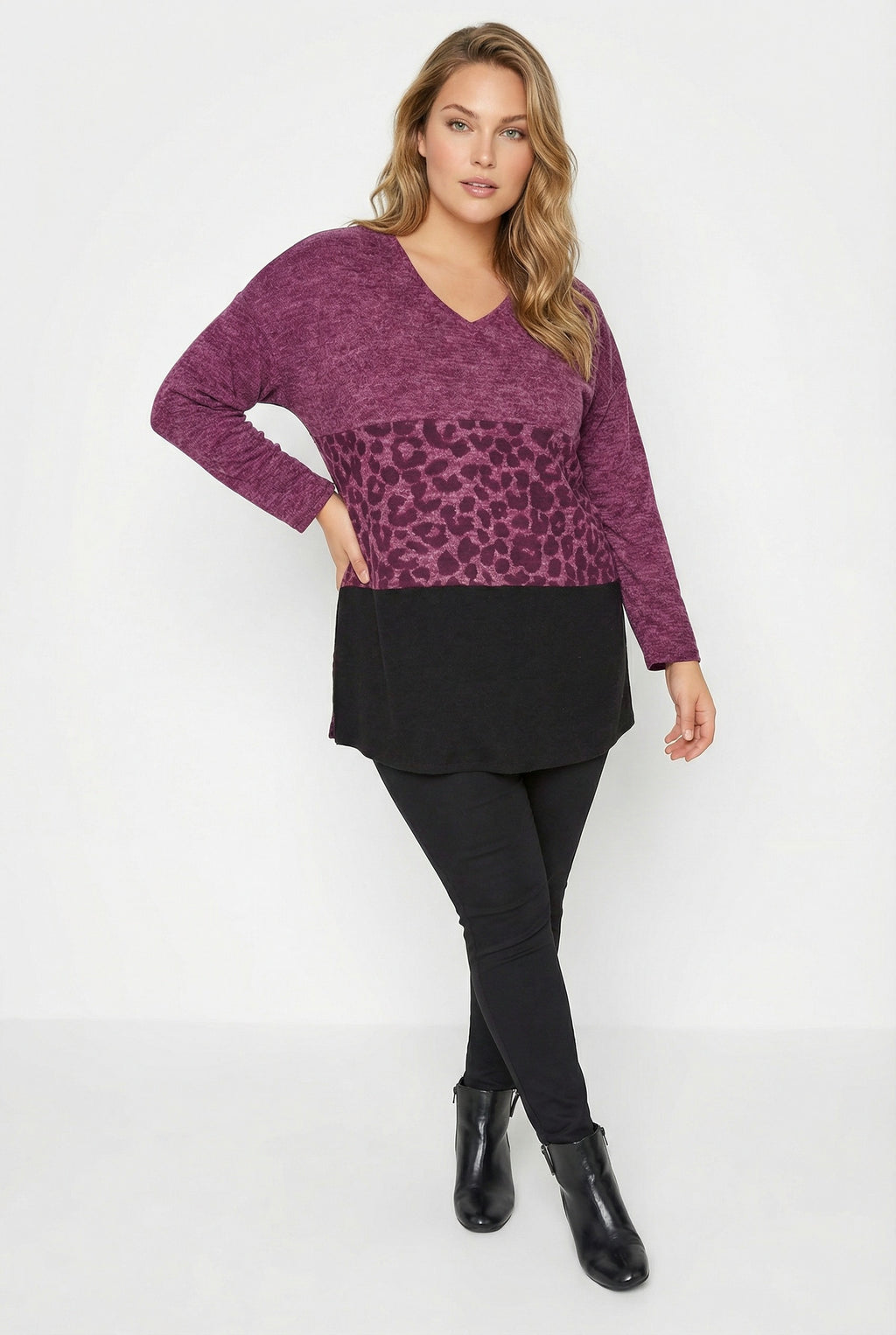 Mor V Yaka Uzun Kollu Peluş Sweatshirt - Şık ve Rahat Tasarım