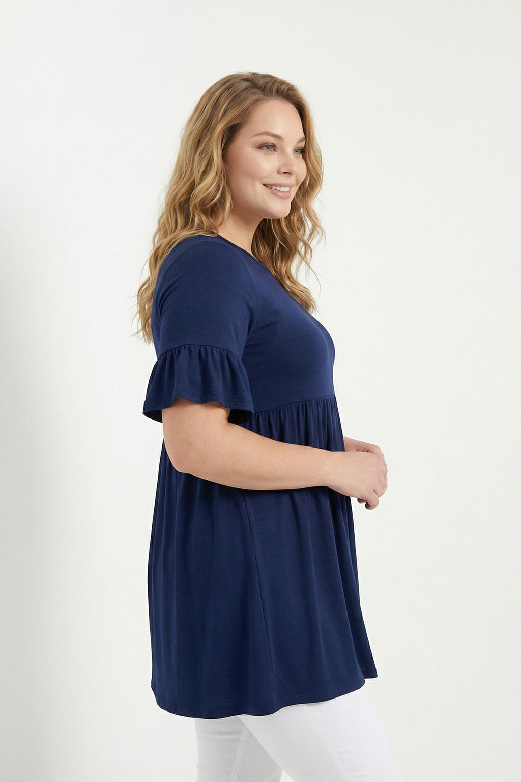 Lacivert Kol Detaylı Beli Lastikli Pileli Tunik T-shirt