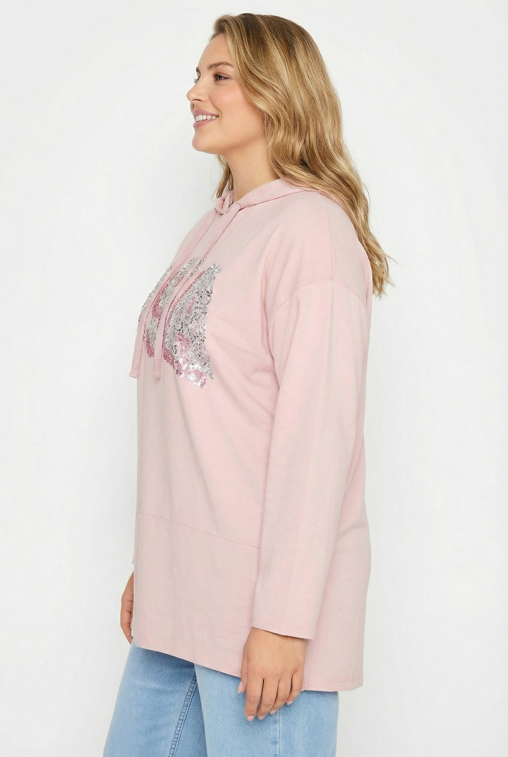 Kapüşonlu Payet Detaylı Pembe Uzun Kollu Sweatshirt