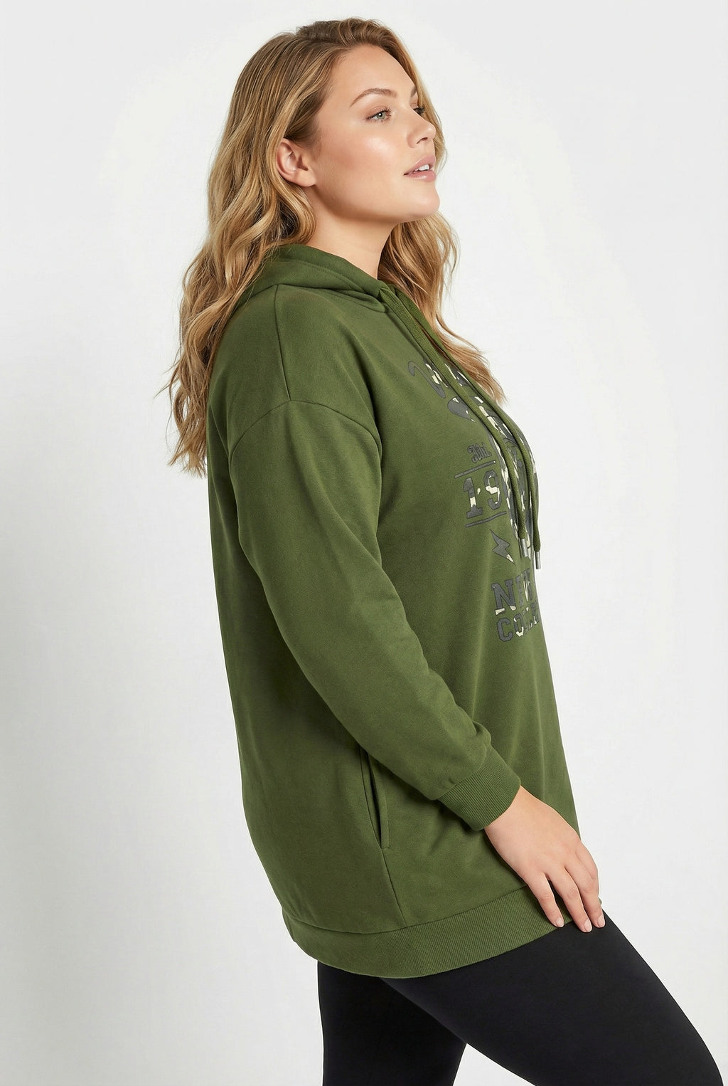 Kapüşonlu Haki Yazı Baskılı Uzun Kollu Sweatshirt