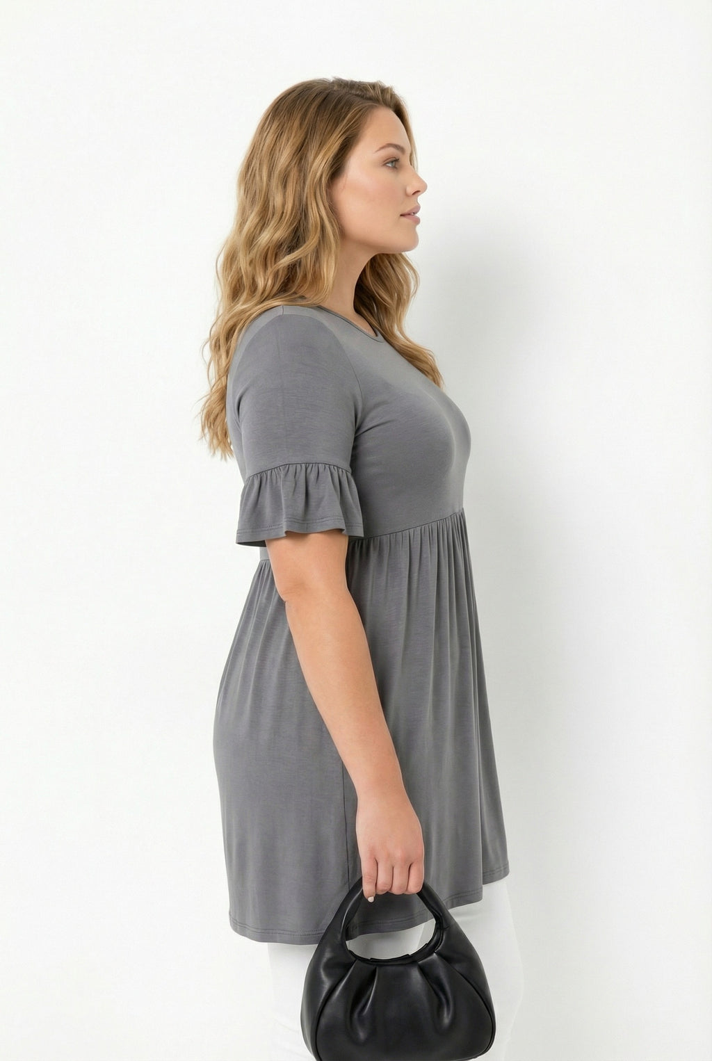 Kol Detaylı Beli Lastikli Pileli Tunik T-shirt Koyu Gri