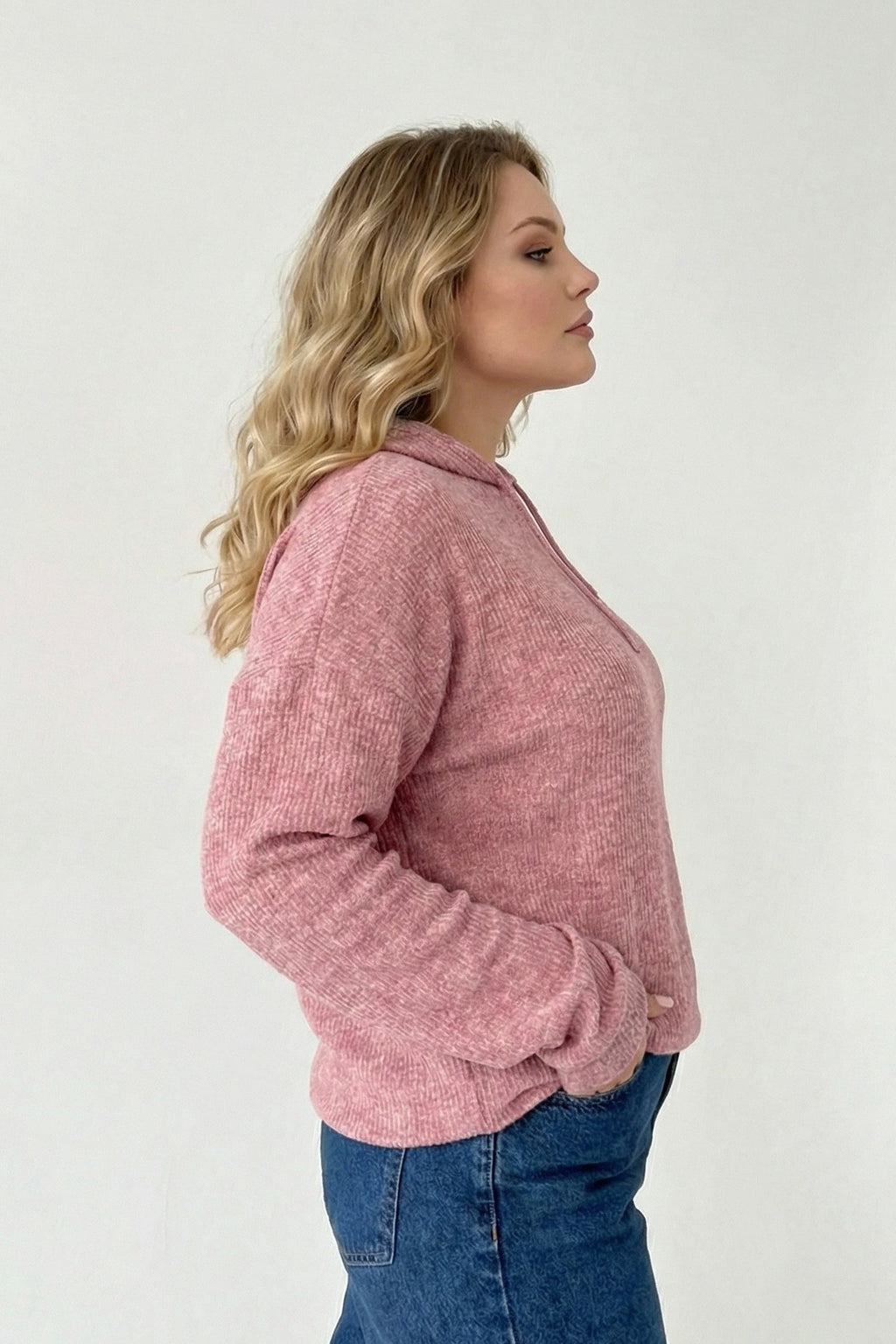 Kapüşonlu İnce Örme Sweatshirt - Pembe Renk ve Cepli Tasarım