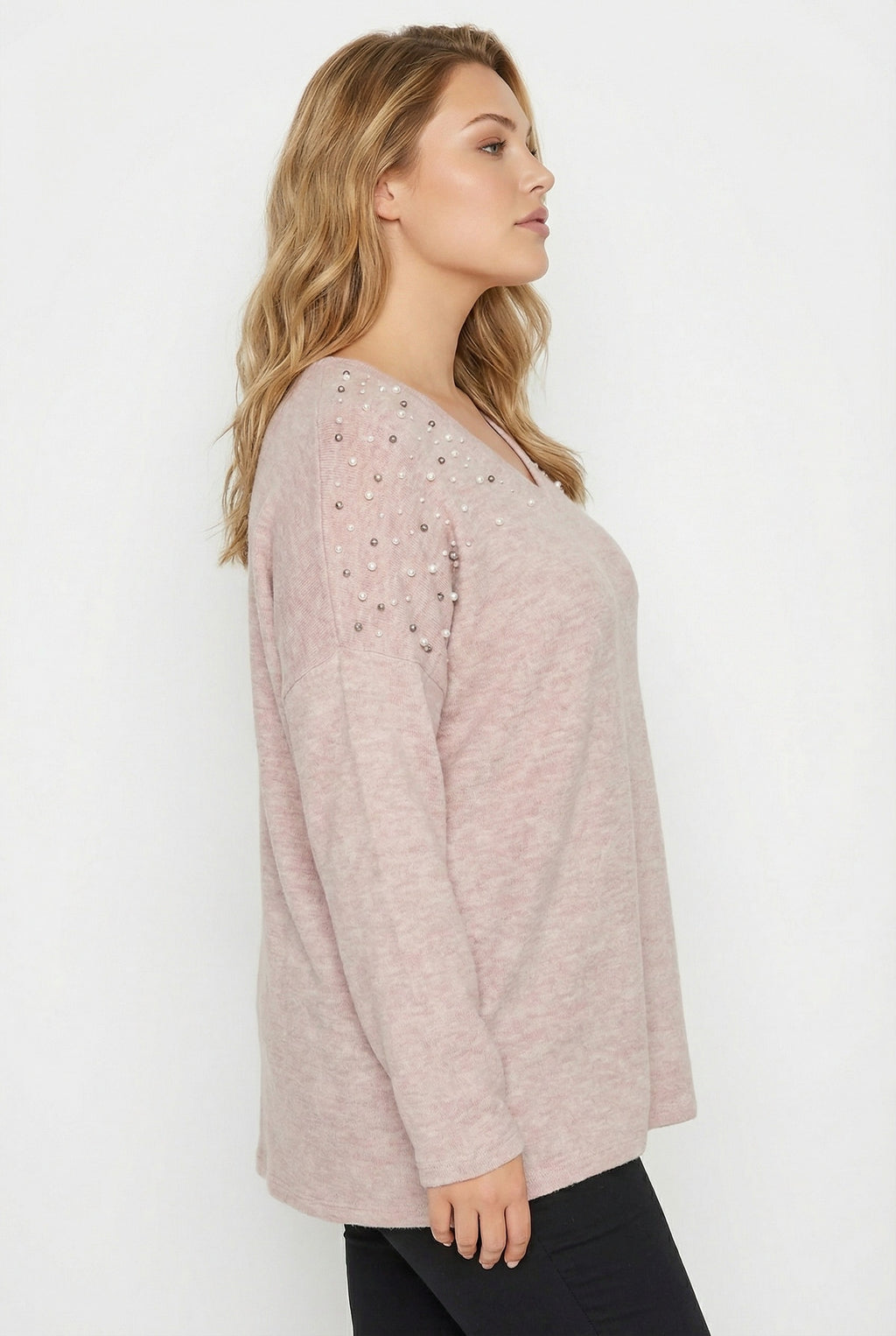 Pudra V Yaka Uzun Kollu Boncuklu Peluş Sweatshirt