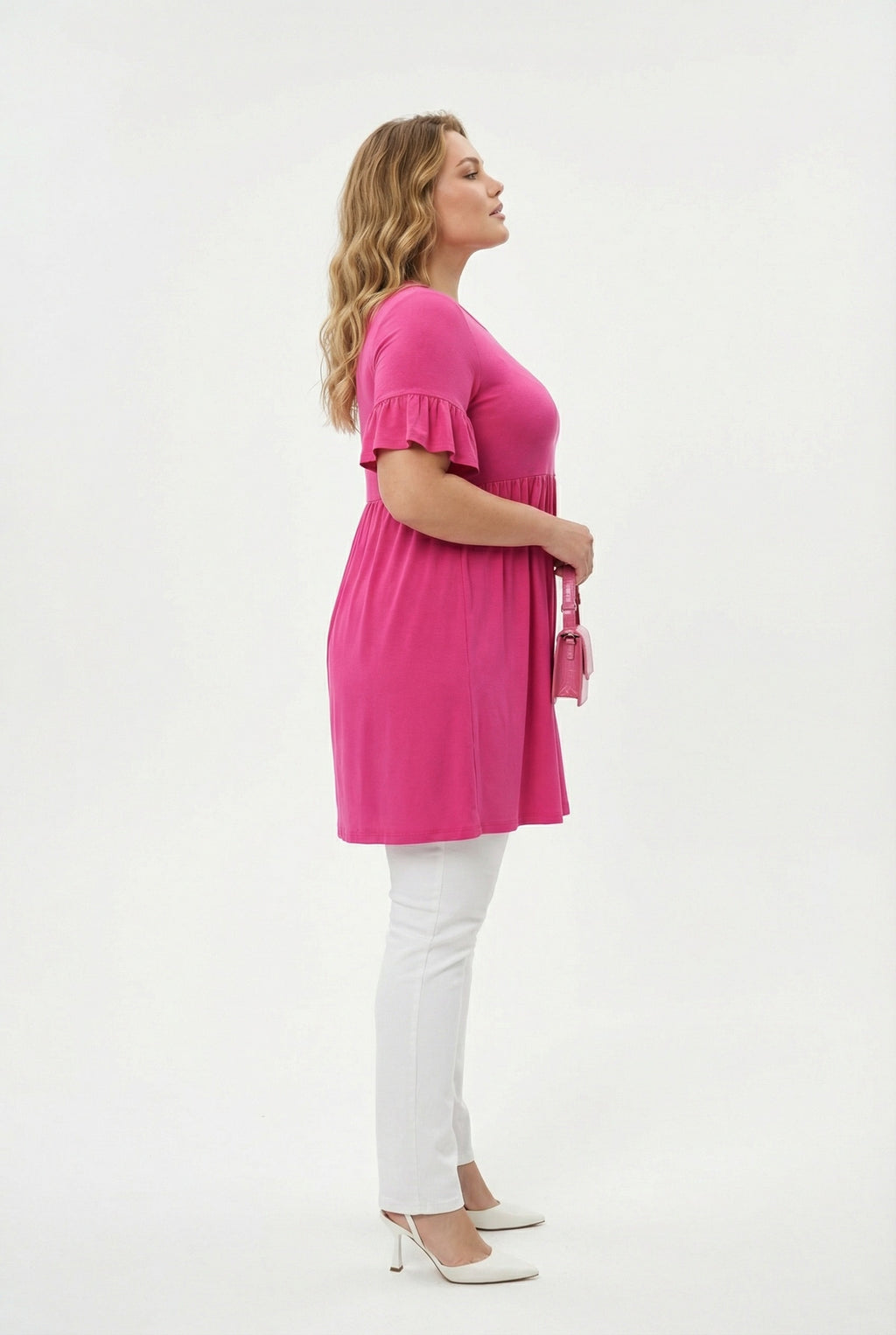 Fusya Kol Detaylı Beli Lastikli Pileli Tunik T-shirt