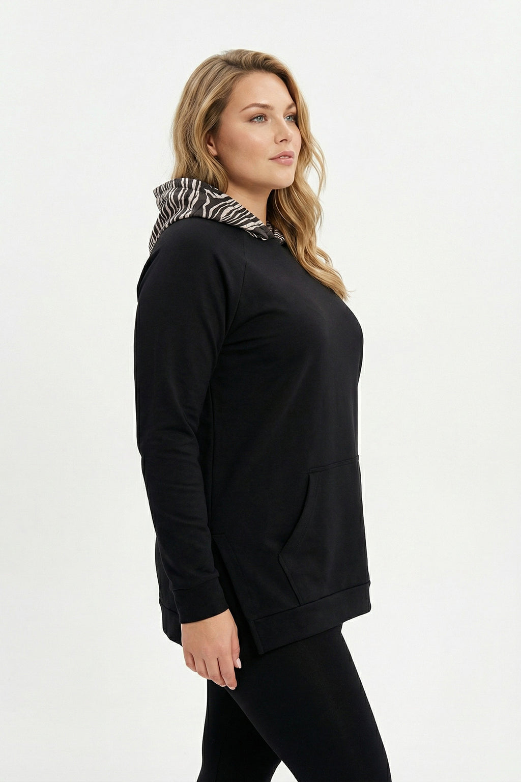 Desenli Kapüşonlu Sweatshirt - Uzun Kollu, Cepli, Yırtmaçlı