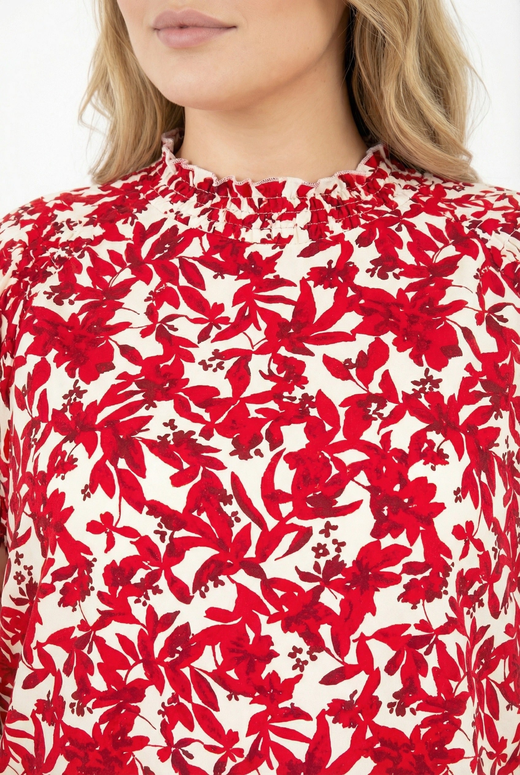 Desenli Uzun Kollu Bordo Bluz - Büzgülü Yaka, Şık ve Rahat