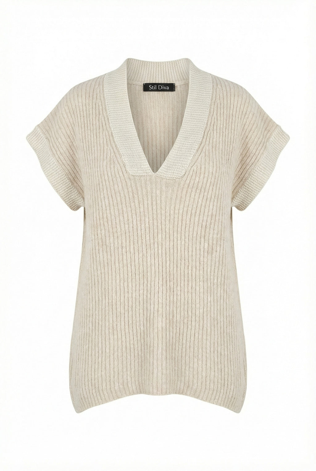 Ekru V Yaka Kısa Kollu Triko Süveter - Şık ve Rahat
