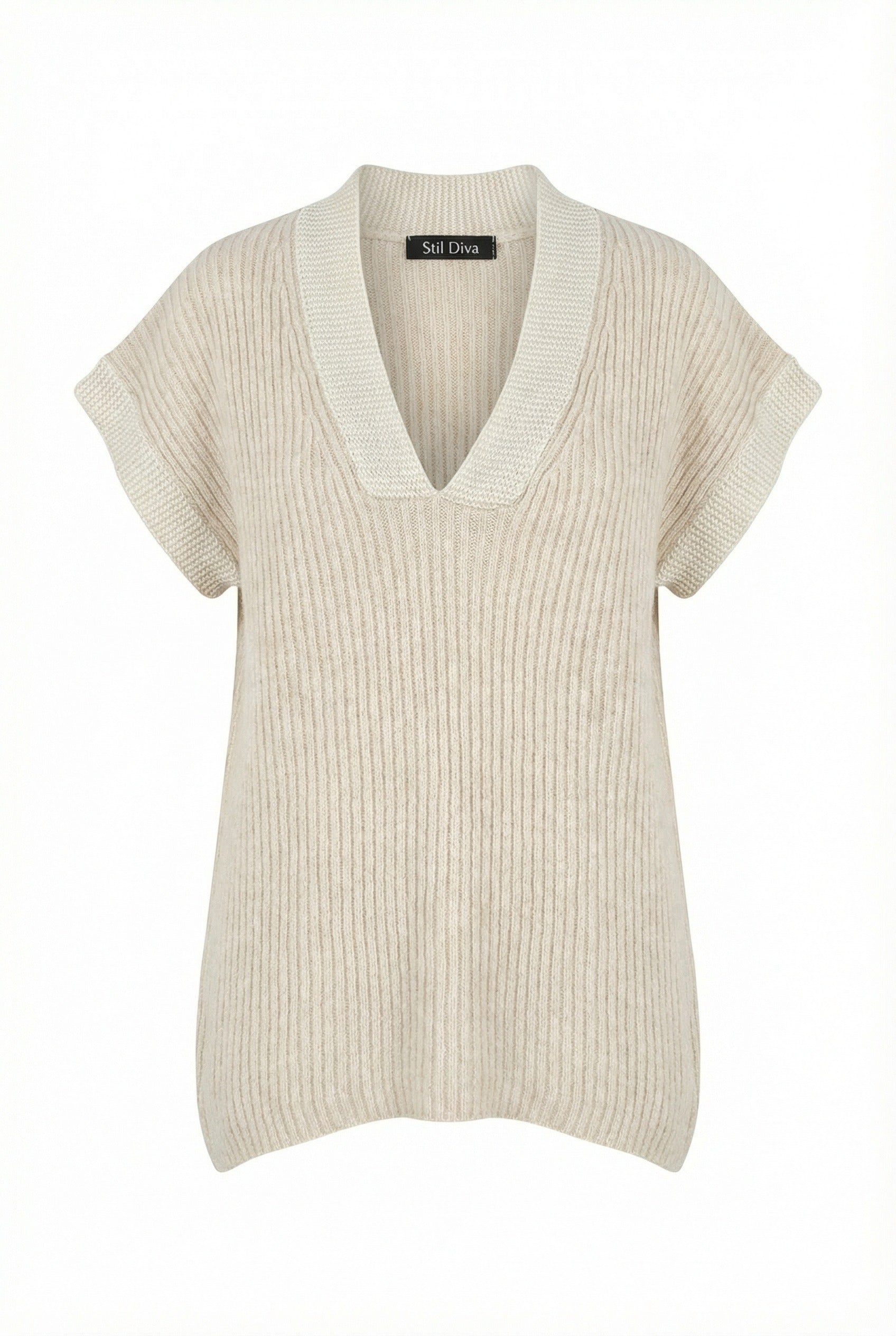 Ekru V Yaka Kısa Kollu Triko Süveter - Şık ve Rahat