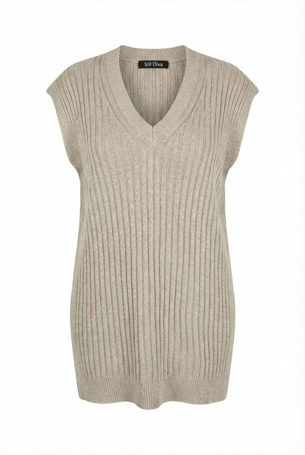 V Yaka Kısa Kollu Triko Süveter - Vizon Renk, Rahat Kesim