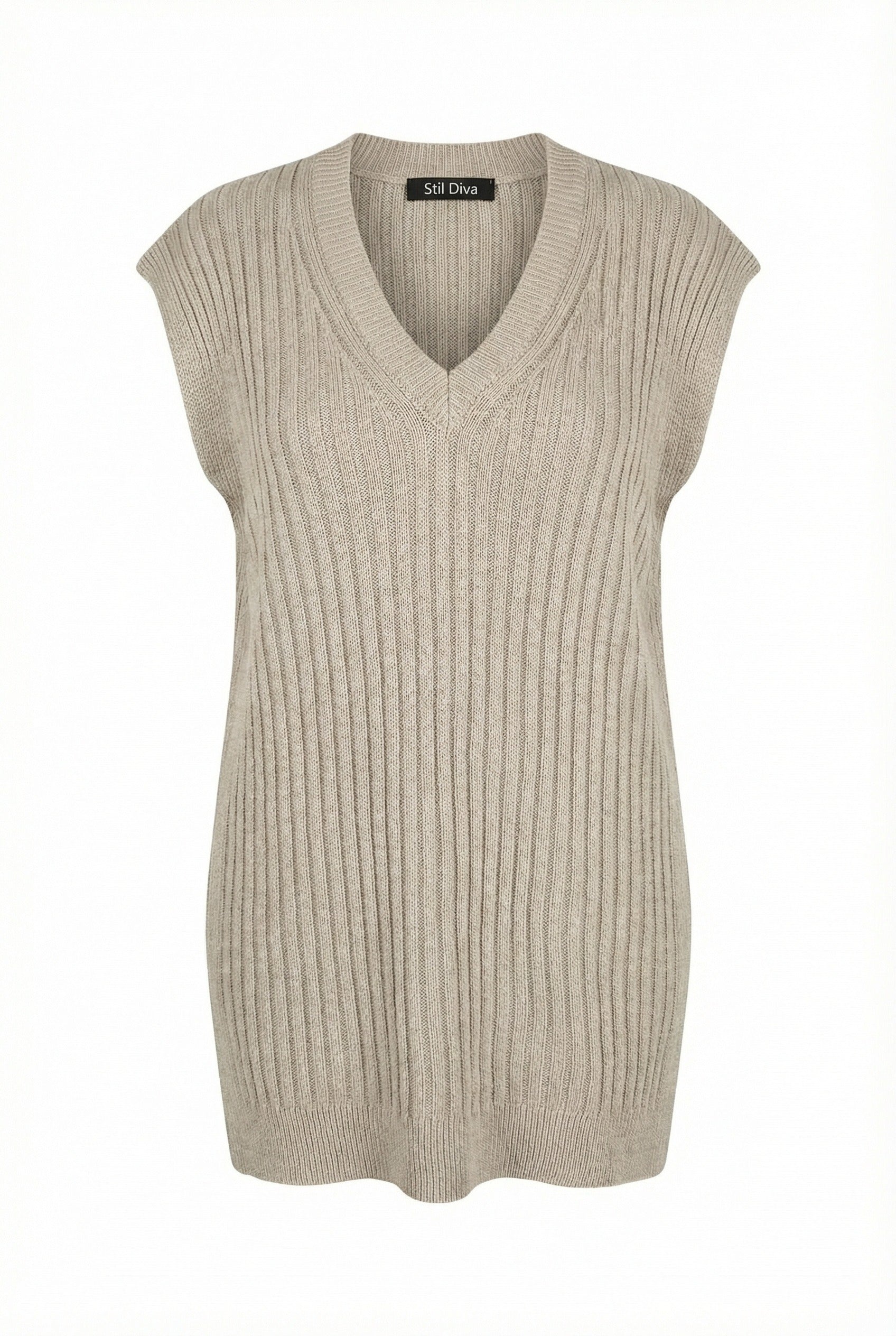 V Yaka Kısa Kollu Triko Süveter - Vizon Renk, Rahat Kesim