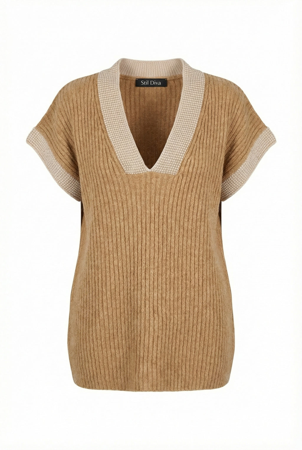 Açık Kahve V Yaka Kısa Kollu Triko Süveter - Rahat ve Şık